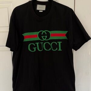 Gucci Black Tee with Green Red Stripe and Green Logo